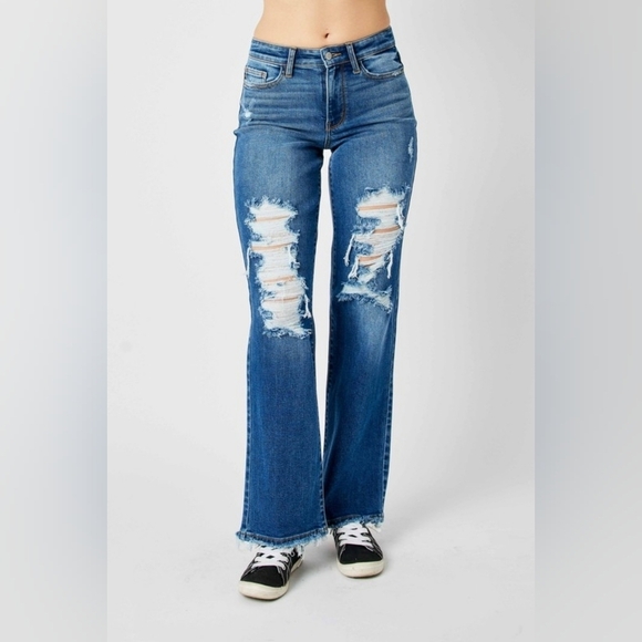 Judy Blue MR Dark Wash Straight Fit Dad Jeans Stretch Distressed 7/28 9/29 NEW - Picture 2 of 16